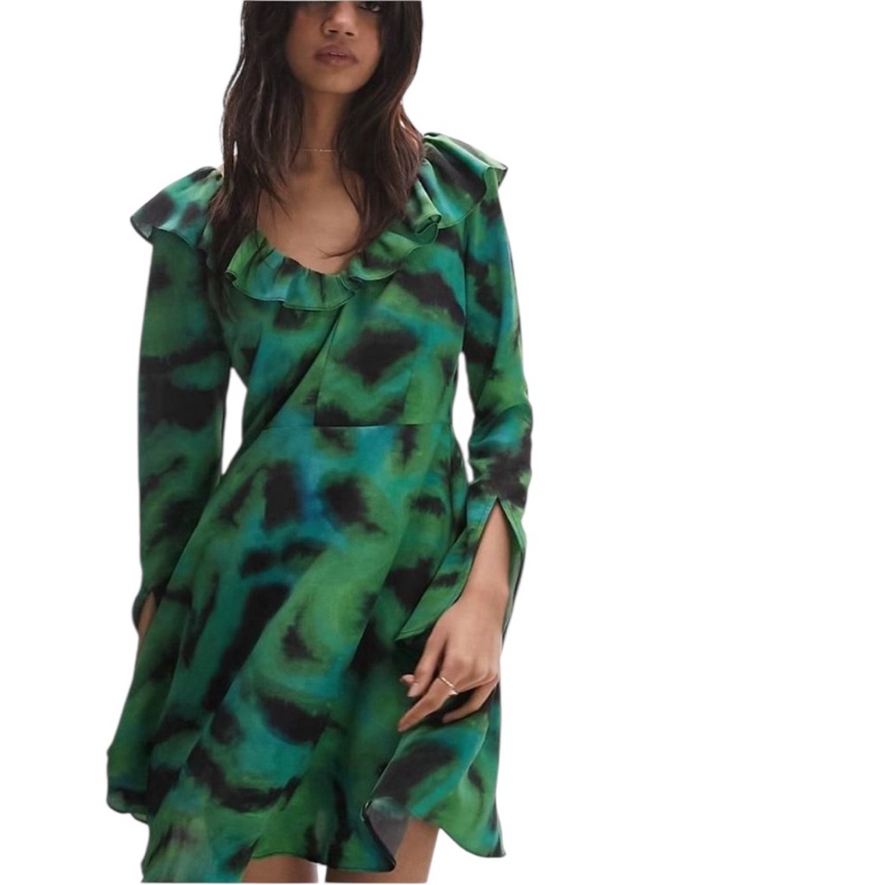 TOPSHOP RUFFLE NECK LONG BELL SLEEVE GREEN PRINT DRESS 2